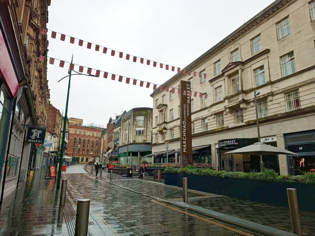 View of the rainy street of Newport City Centre