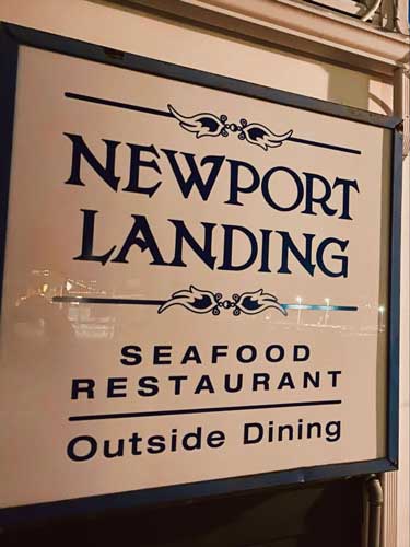 View of the signage at the Newport Landing Restaurant