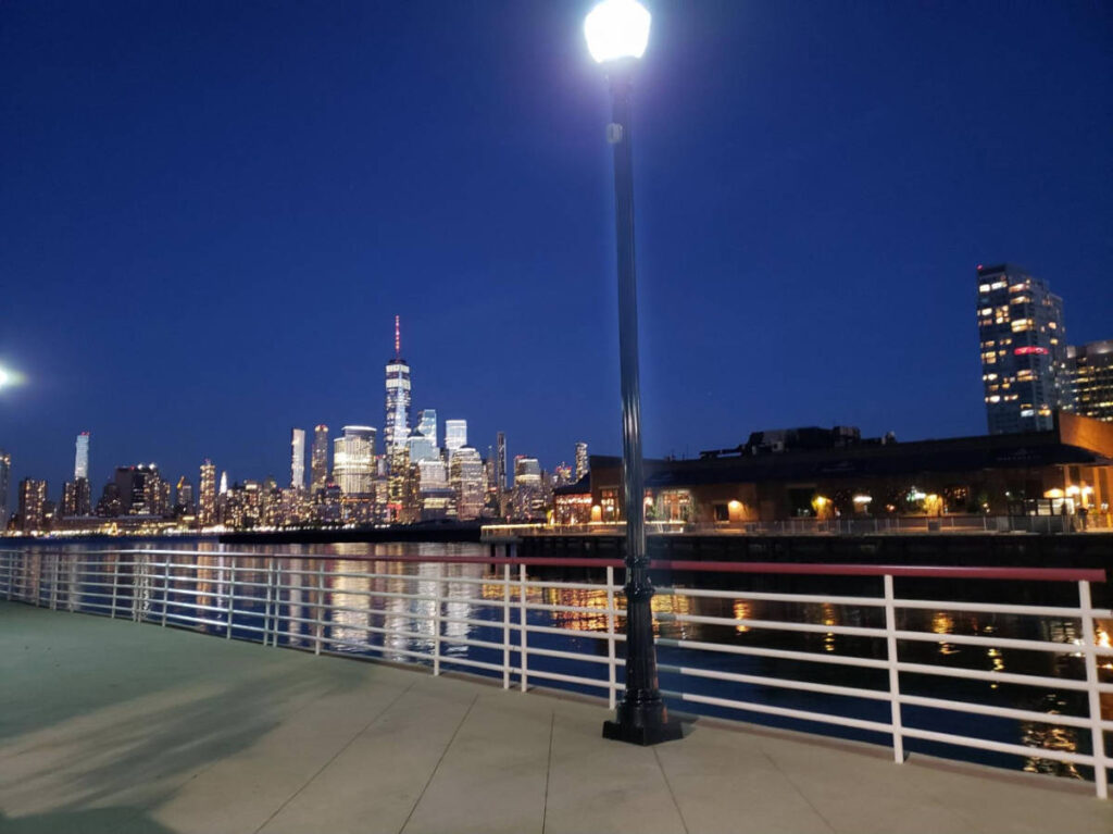 The Manhattan skyline from Newport at night