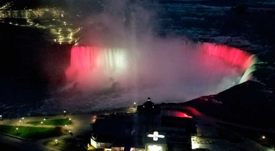 Aerial view of the Niagara Falls with lights at night