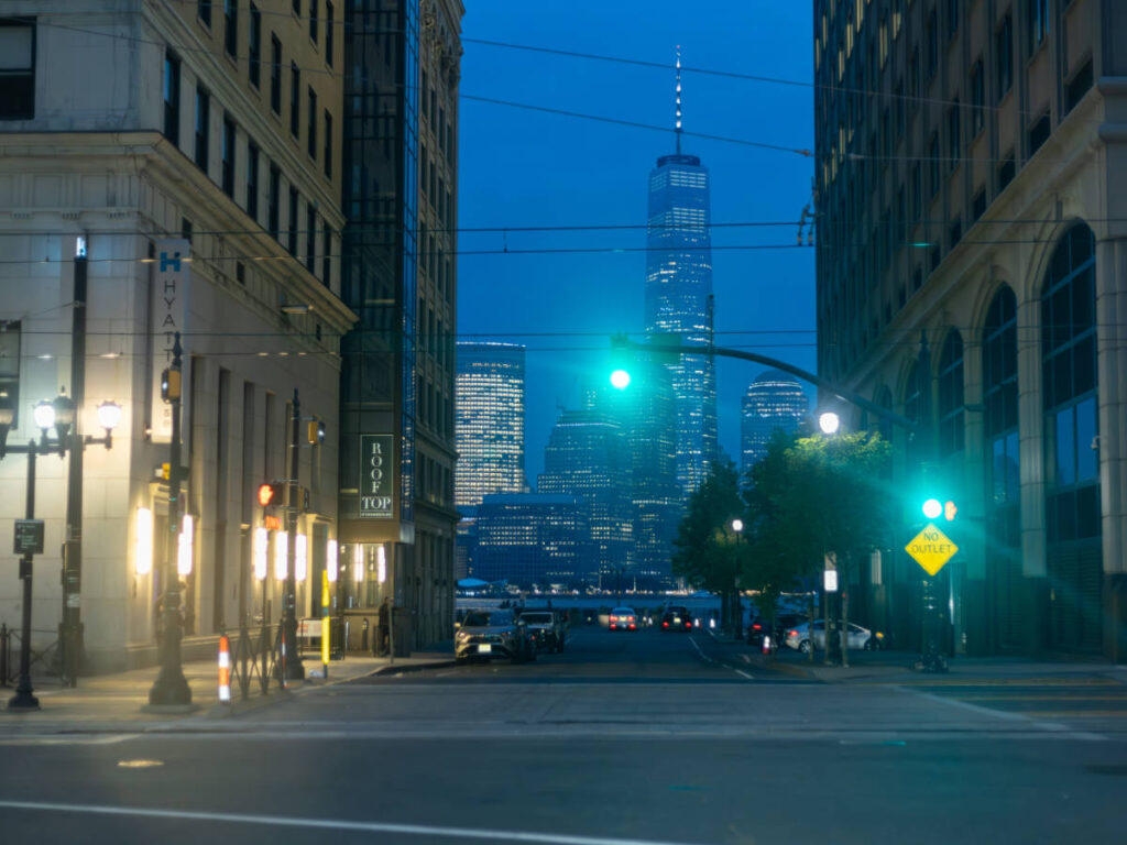 View from a street in Downtown Jersey City at night