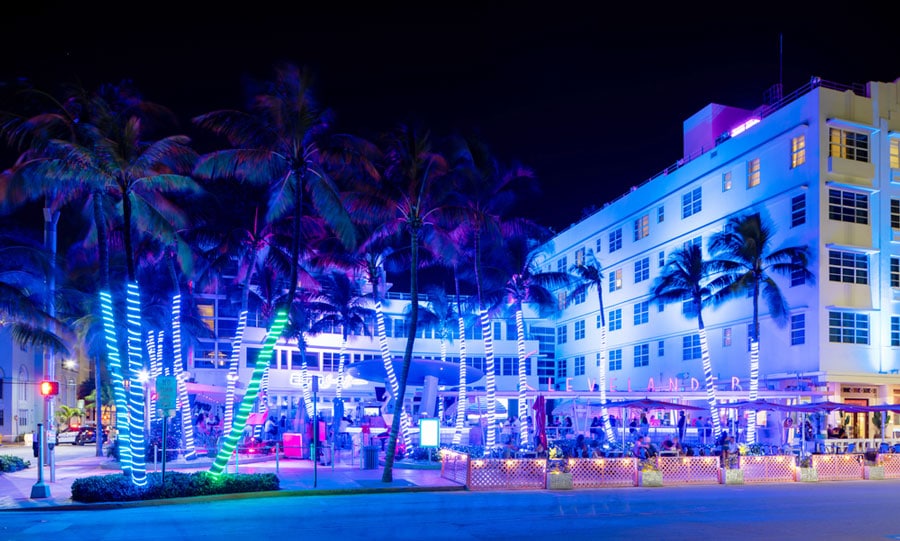 The Clevelander Hotel illuminated with neon blue at night