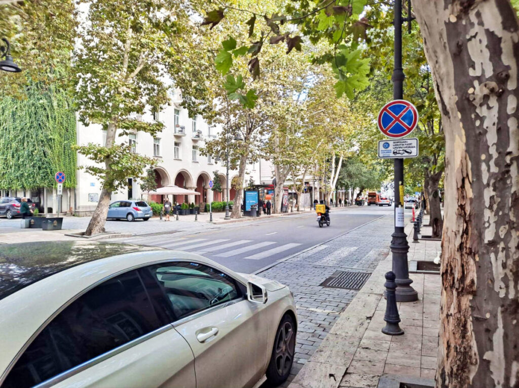 A car parked near the No Parking sign in Tbilisi