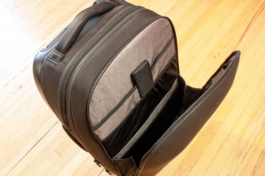 View of the Nomatic Navigator Carry On tech compartment for laptop