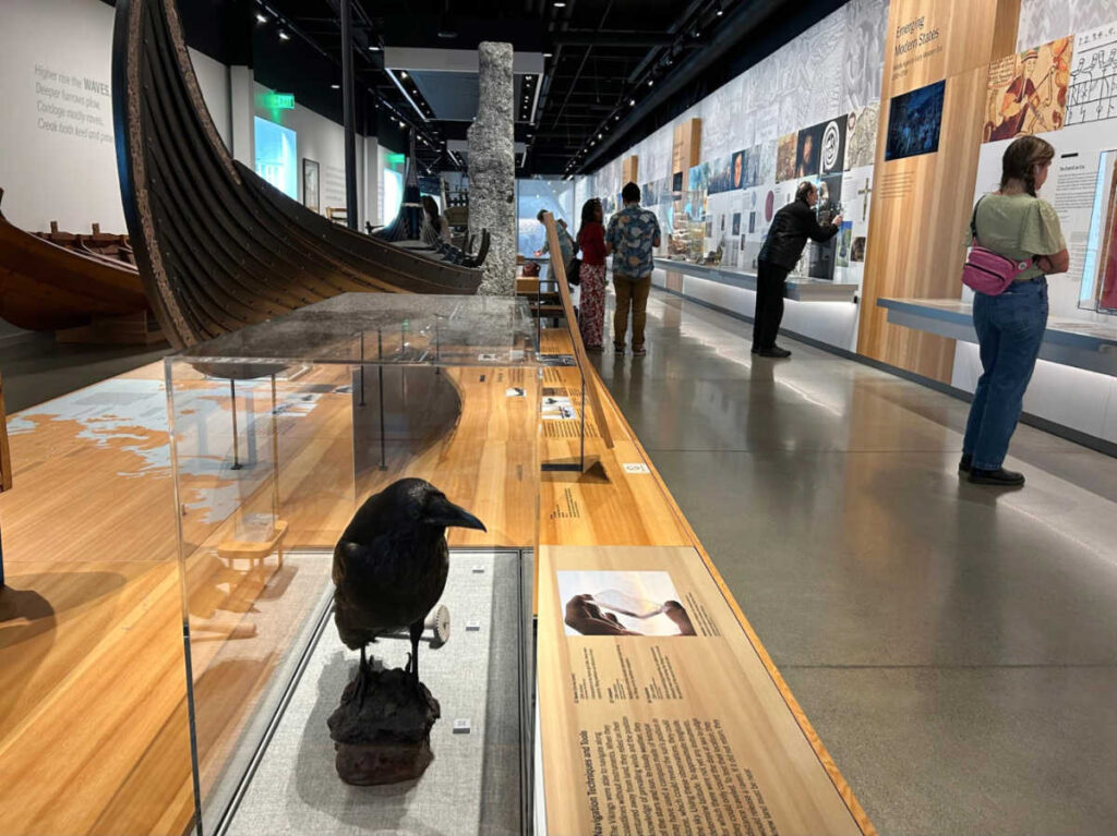 View of the displays and the people looking at the Nordic Journeys exhibit
