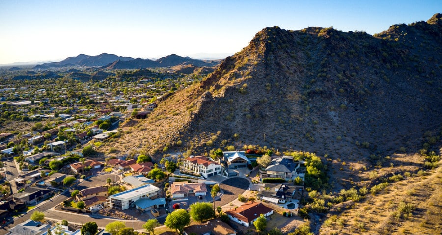 Aerial view of the scenic area of Scottsdale and a mountain nearby