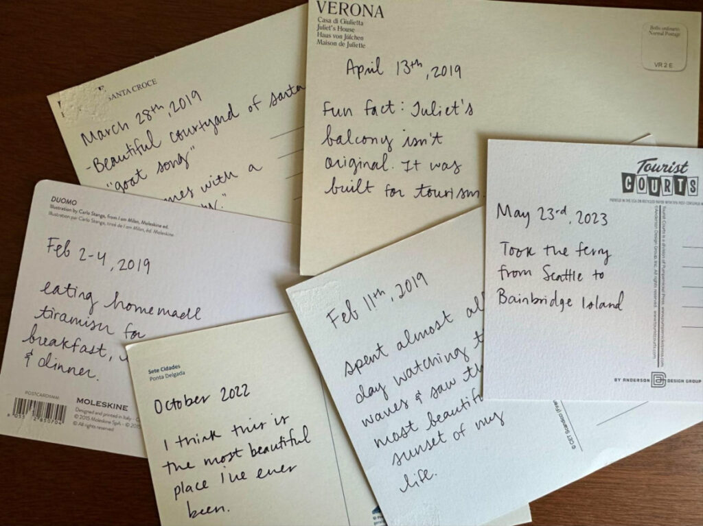 Written notes on the backs of Lea Rose's postcards
