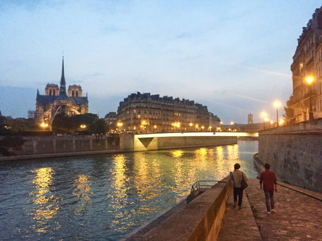 The Notre Dame Cathedral from afar at night