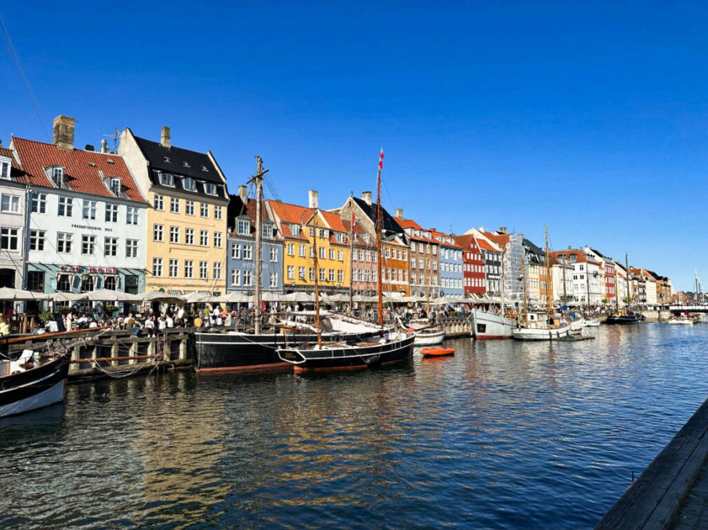 View of the waterfront colorful buildings lined along the Nyhavn street