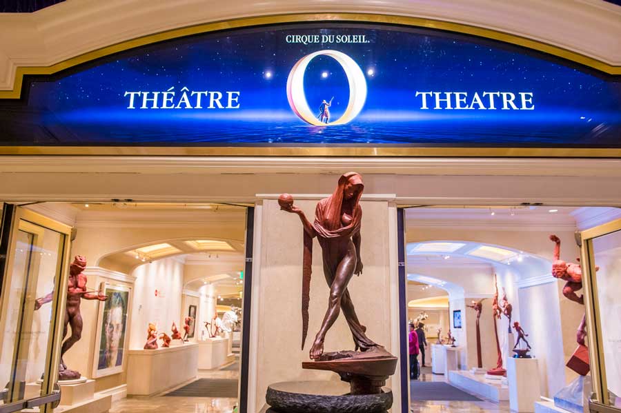 A statue at the entrance of O Theater at the Bellagio.