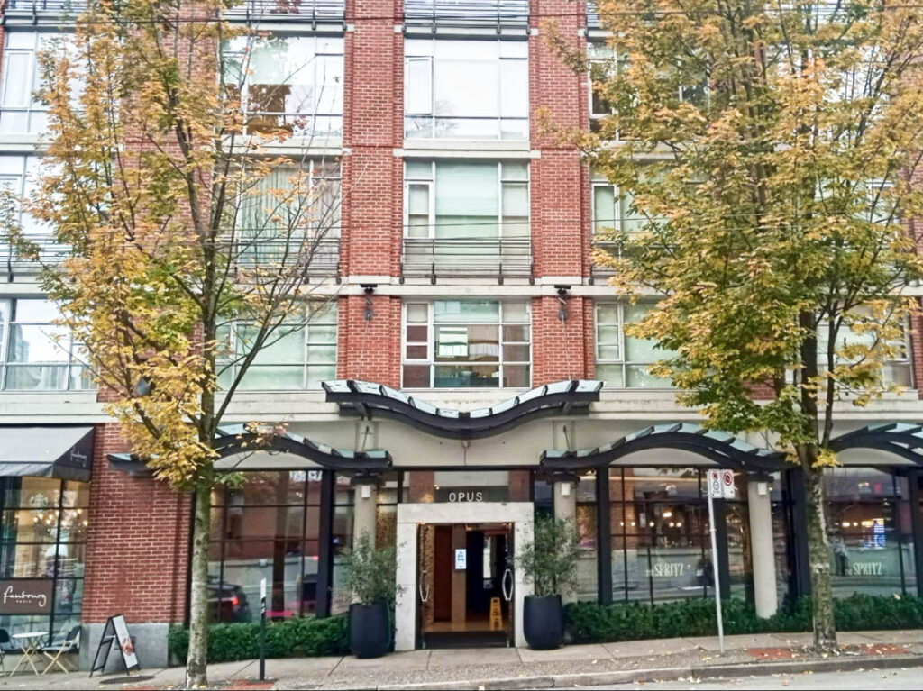 View of the exterior and entrance of OPUS Hotel in Yaletown