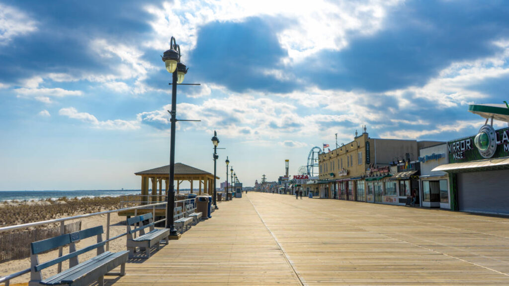 Blue sky over the Ocean City Boardwalk during a sunny morning