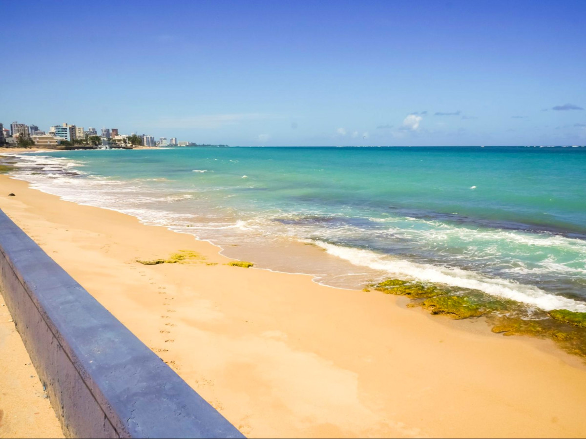 A scenic Ocean Park Beach with a blue sky and a city in the background