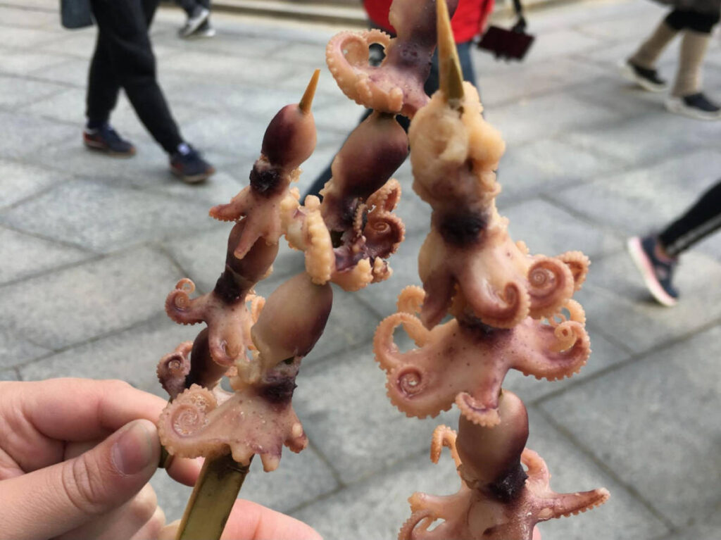 Hands holding squid skewers