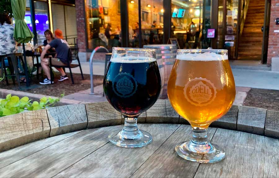 Glasses of beer on the outdoor patio of Odell Brewing Co.