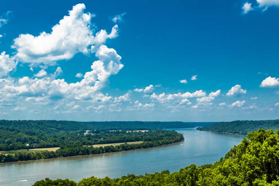 Overlooking view of the Ohio River and the clear blue sky over it