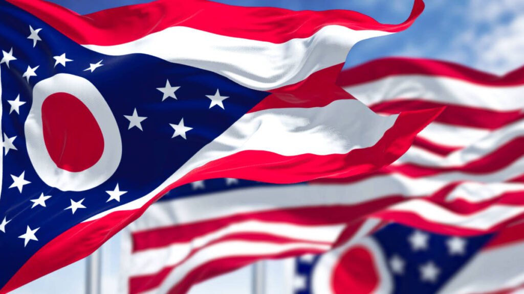 View of the Ohio state flags waving along the wind