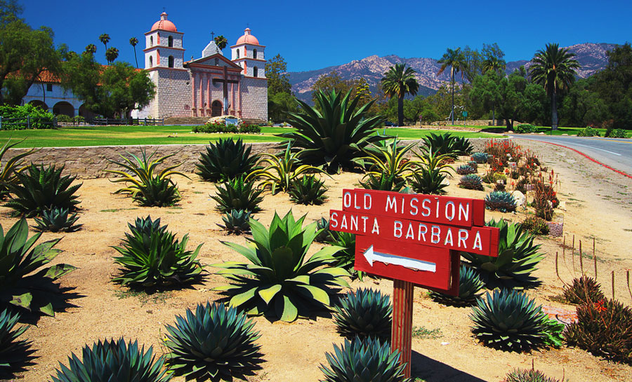 View of the Old Mission Santa Barbara from afar and its sign