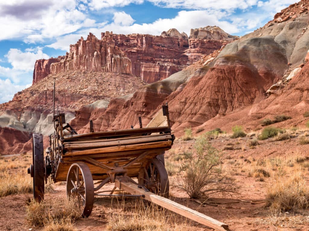 An old Mormon wagon at the bottom of Capitol Reef National Park