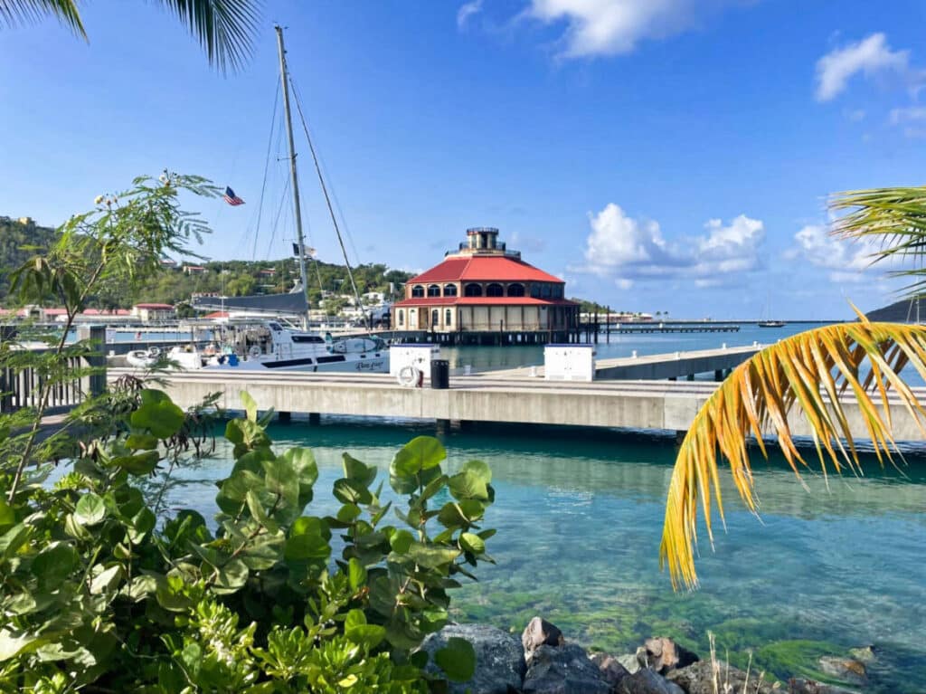 View of the waterfront old St. Thomas Yacht Club from a distance