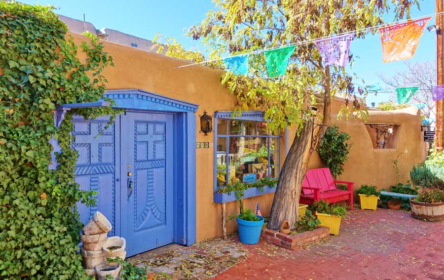 View of a blue Ornate door in Old Town Albuquerque