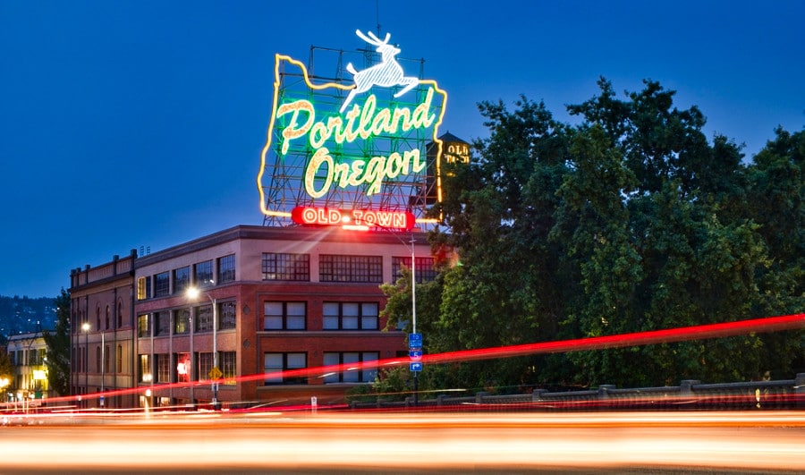 View of the neon signage of Portland Oregon Old Town at night