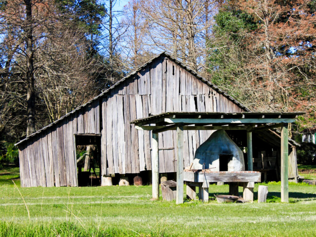 View of the fall foliage surrounding the old wooden house with an outdoor wood oven