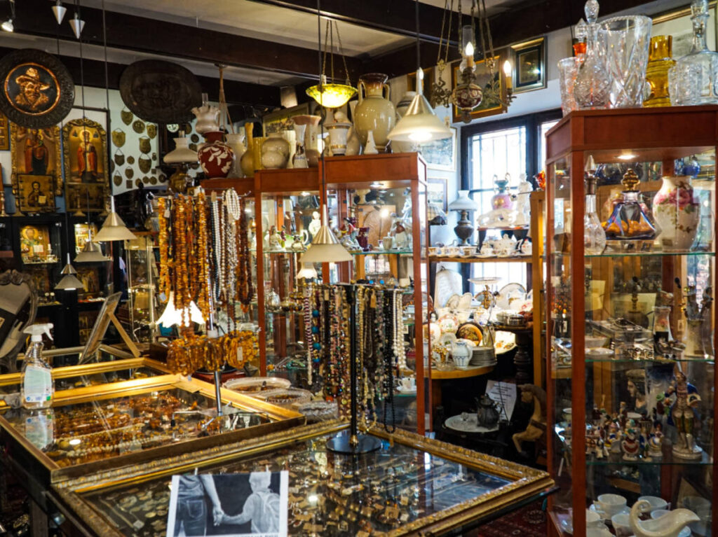 Old antiques in display on a shop in Warsaw
