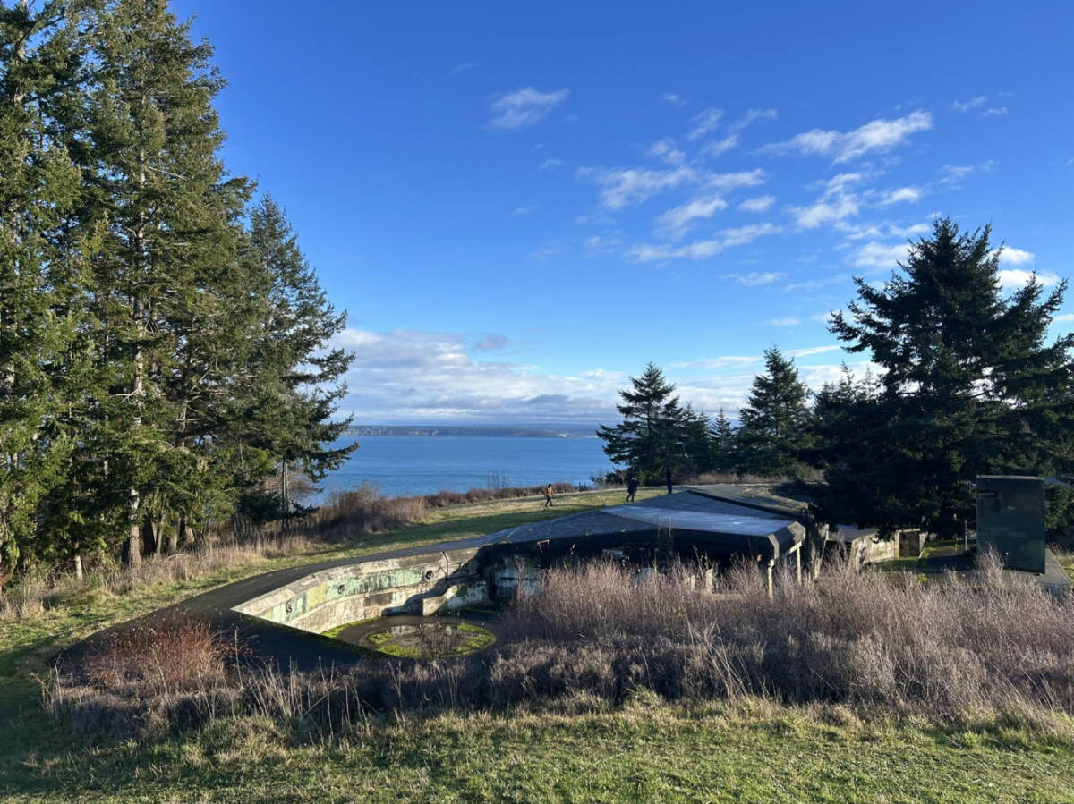 View of the Old bunkers at Fort Worden with the beach in the background