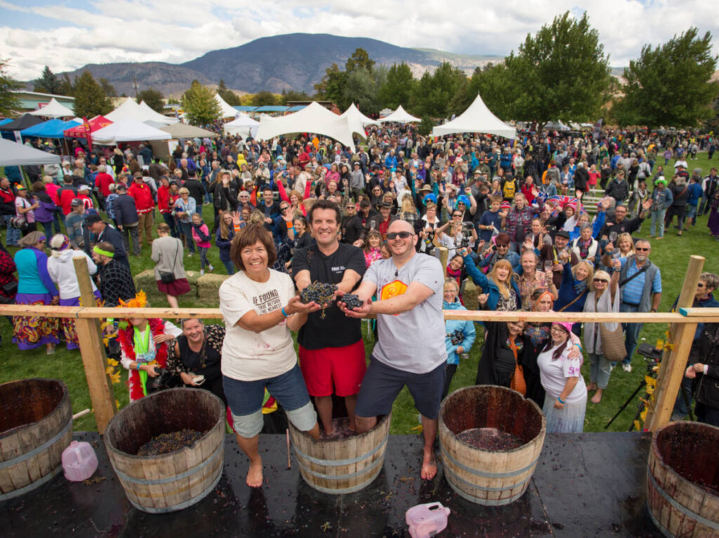Attendees and Canadian celebrity Rick Mercer posing for a photo while holding grapes at Oliver’s Festival of the Grape