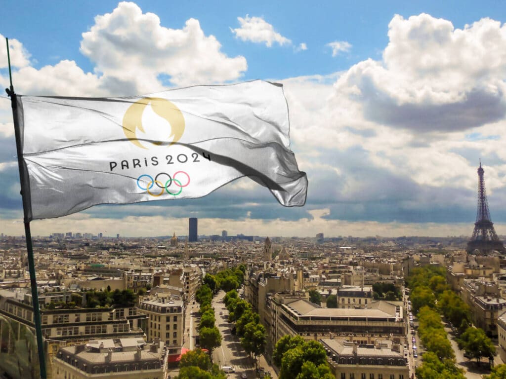 An Olympics 2024 flag in Paris