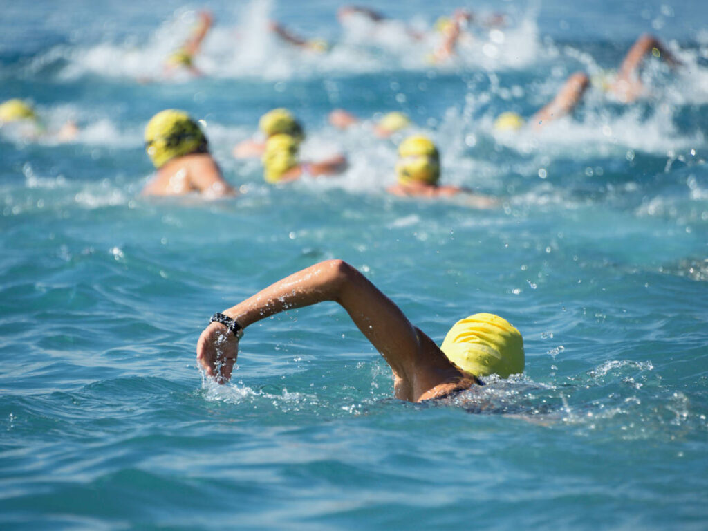 View of participants in the Chicago River Swim