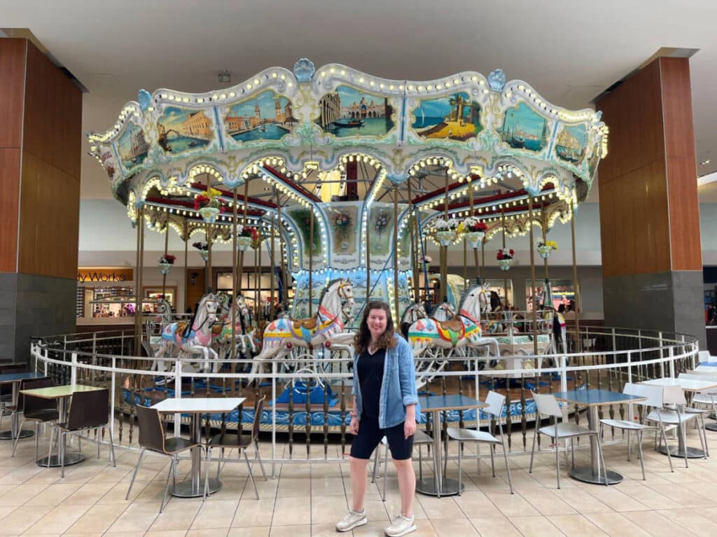 The author, smiling for a photo in front of a carousel in Opry Mills Mall