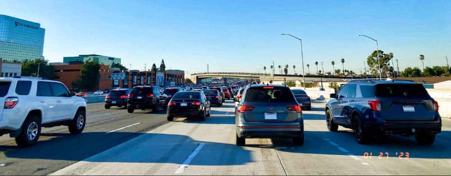 View of the cars at the freeway during rush hour