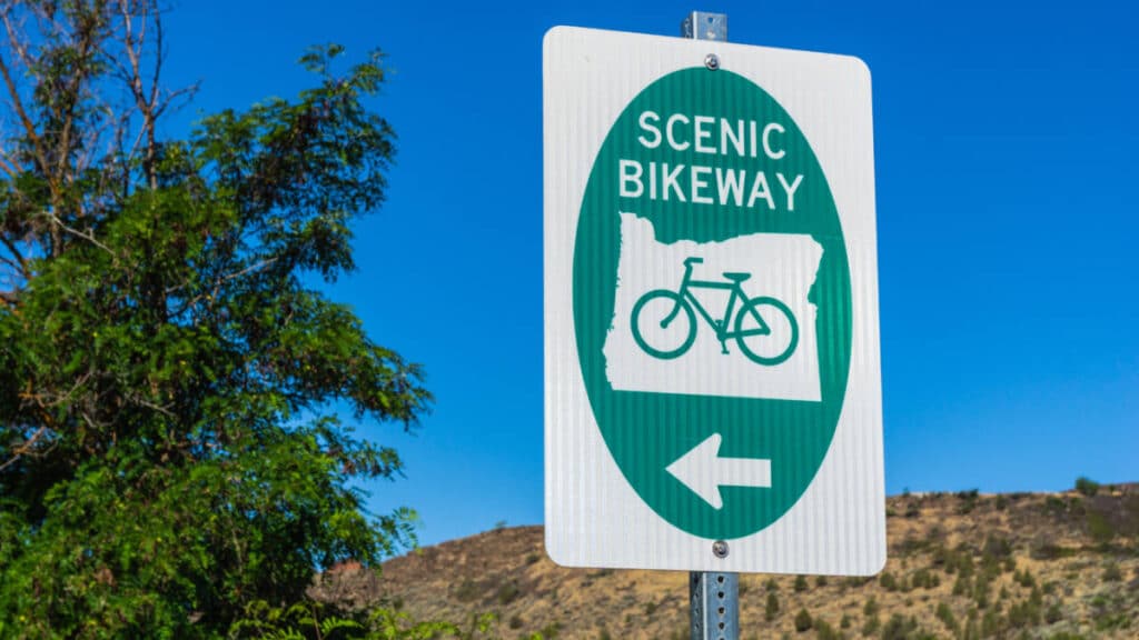 Closeup view of the signage of Scenic Bikeway