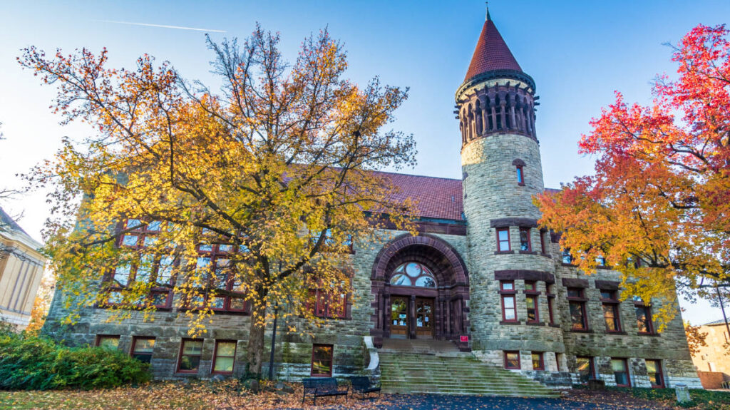 Exterior view of the Orton Geological Museum and the fall foliage outside