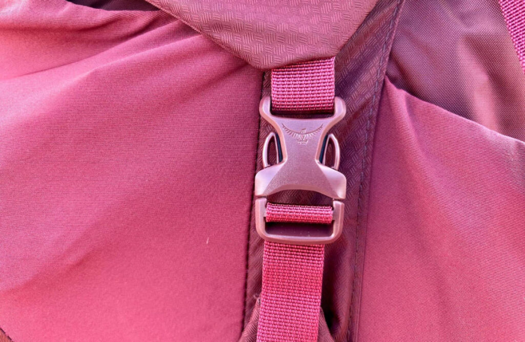 Close up view of the release buckle of Osprey Aura AG LT with logo on it