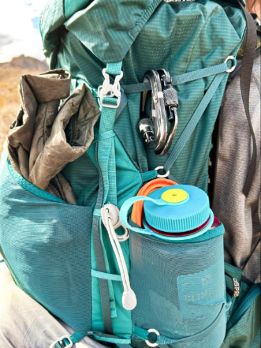 View of the extra exterior storage of the Osprey Eja Backpack