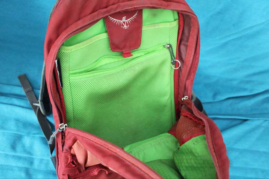 View of the laptop sleeve inside the main compartment of Osprey Farpoint 55