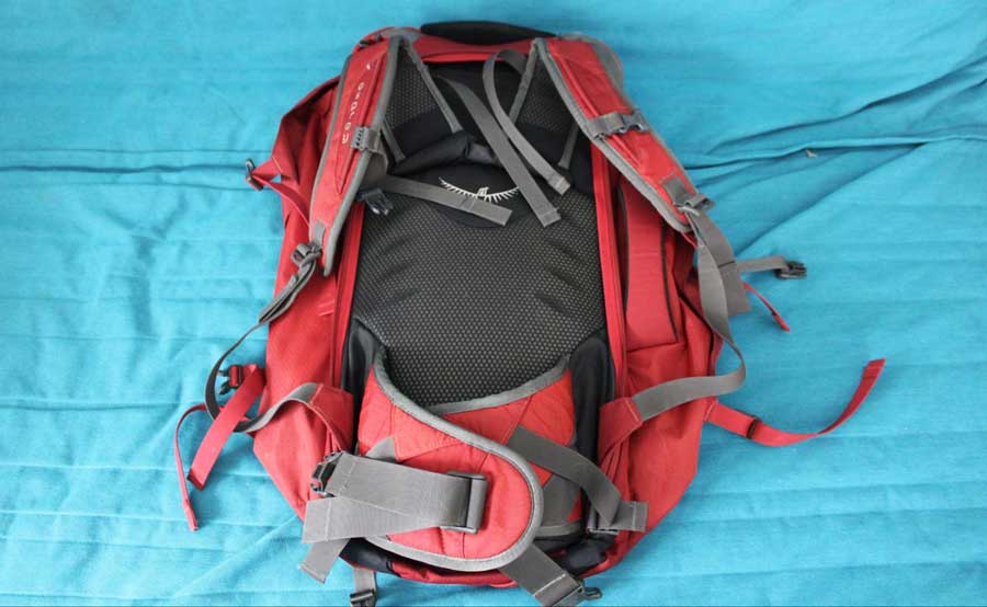 The Osprey Farpoint 55 shoulder strap system at the back
