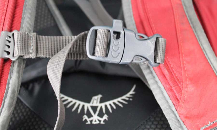View of the Osprey Farpoint 55 rescue whistle strap