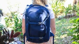 Taylor with her Osprey Porter 30 during a vacation
