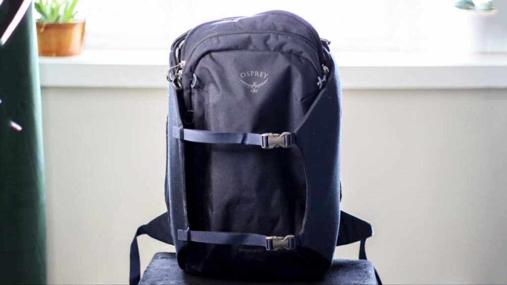 View of the Osprey Porter Travel Pack Carry On on top of a chair