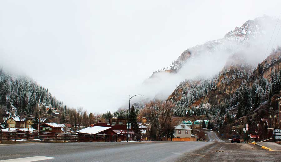 View of a foggy mountain in the town of Ouray