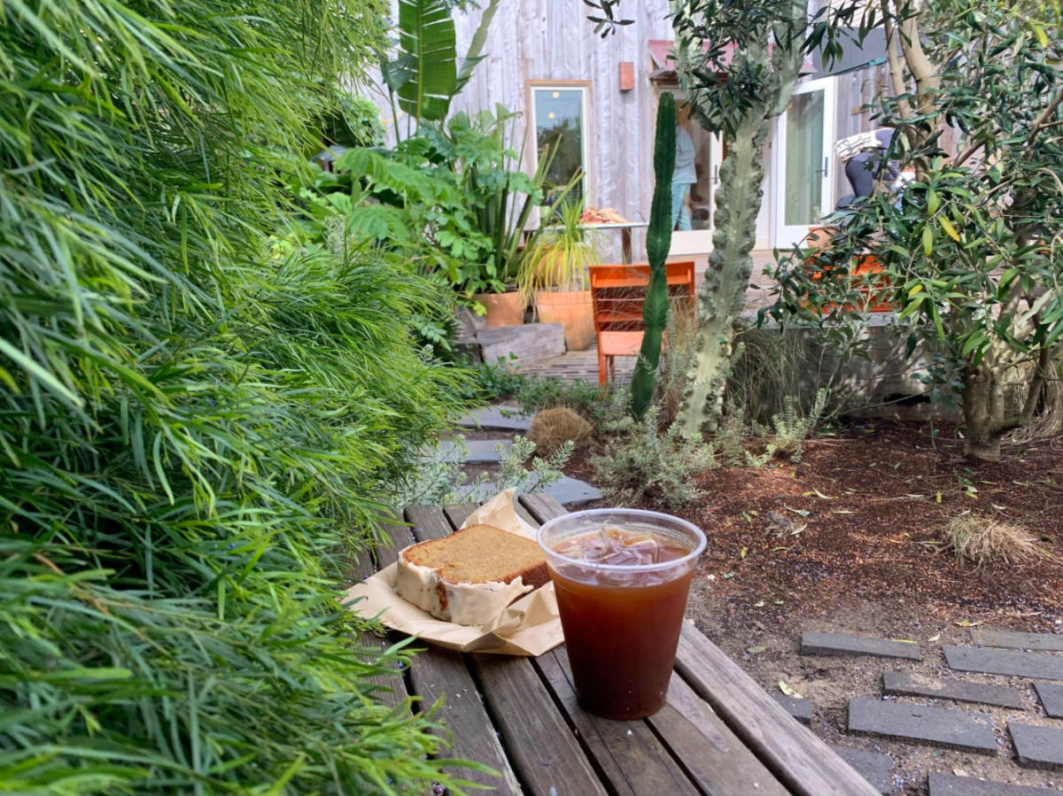 Coffee and bread outside Outside Black Bird Bookstore and Café