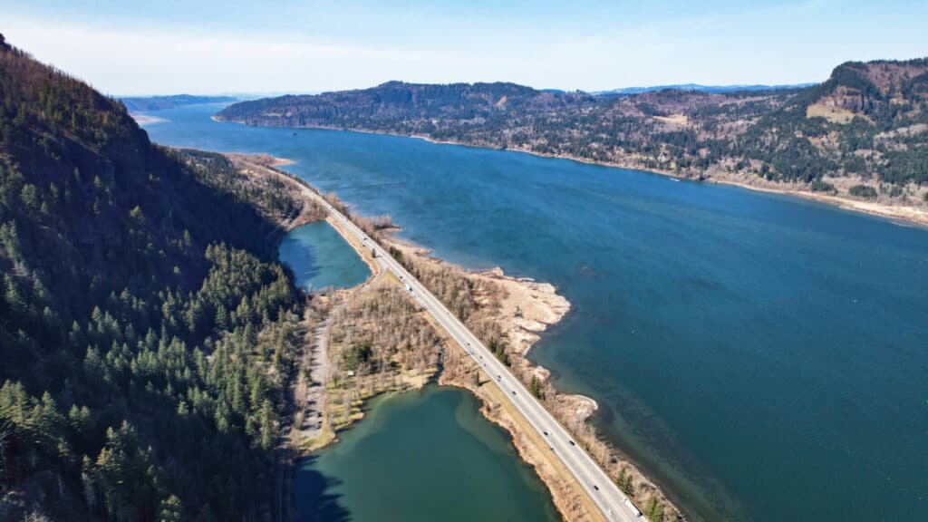 Aerial view of the highway over the Columbia River