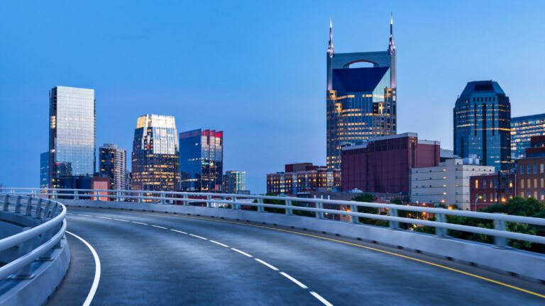 View of the illuminated skyscrapers from the overpass in Nashville at night