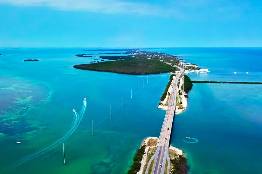 Aerial view of the Tropical Island bridge road in Key West