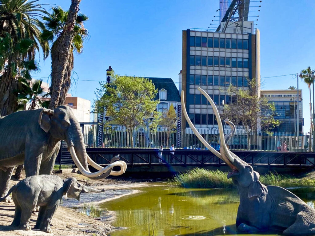 View of the Pachyderms sculptures outside the La Brea Tar Pits