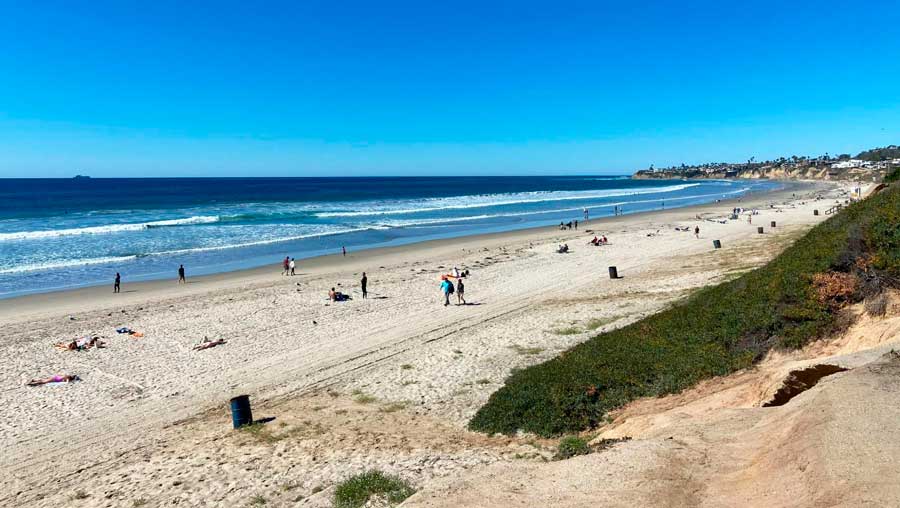 View of the people at the Pacific Beach under the clear blue sky